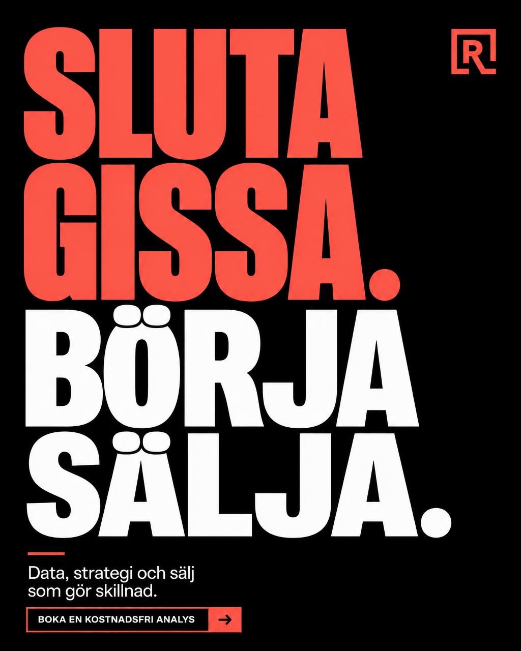 Typografisk annons med stor rubrik på svart bakgrund